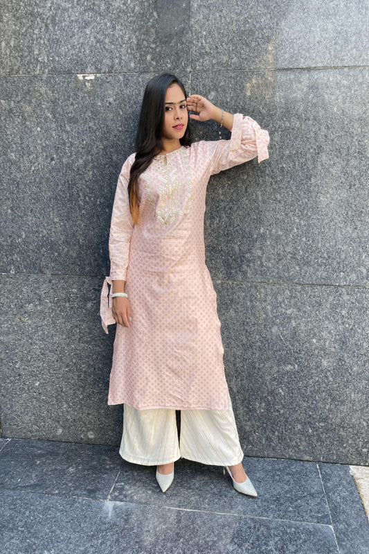 Peach Designer  Sleeve Knot Plazo suit Set