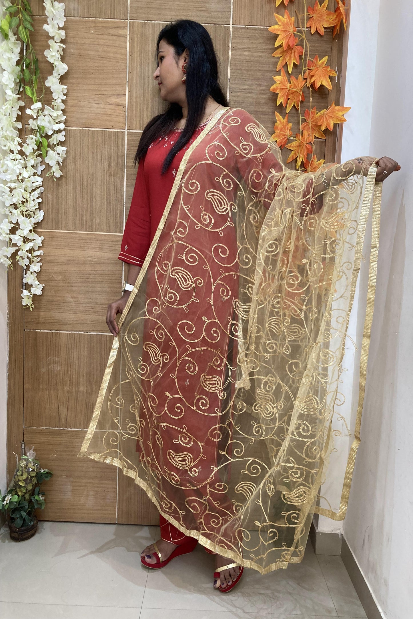 Golden Designer Dupatta with Zari Embroidery