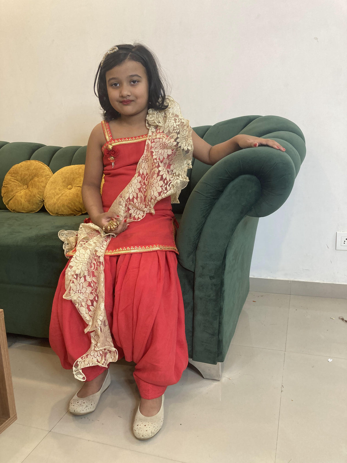 Red Viscose Organza Ethnic Set for Girls ( Set of 3)