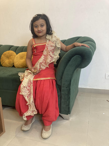 Red Viscose Organza Ethnic Set for Girls ( Set of 3)