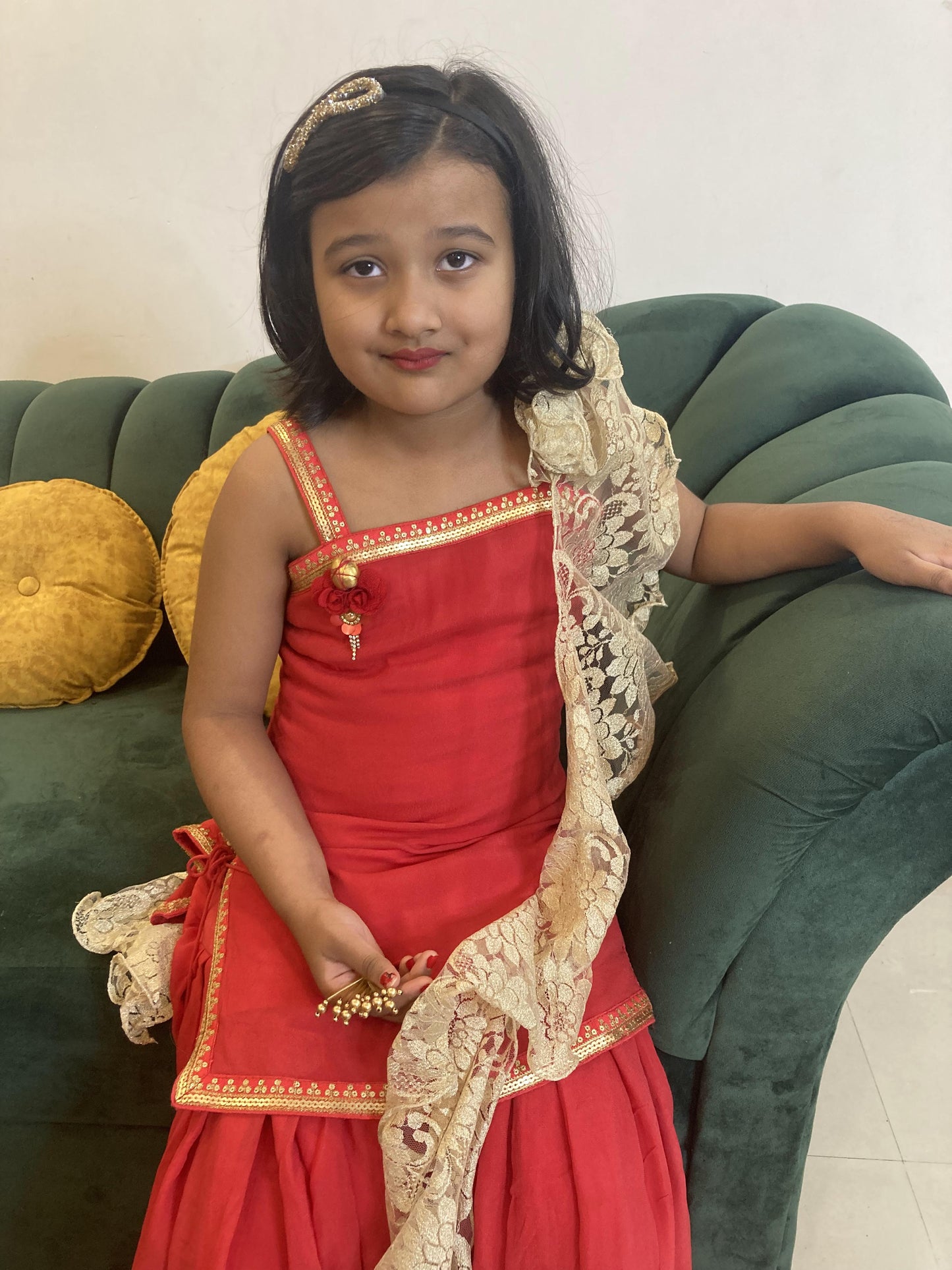 Red Viscose Organza Ethnic Set for Girls ( Set of 3)