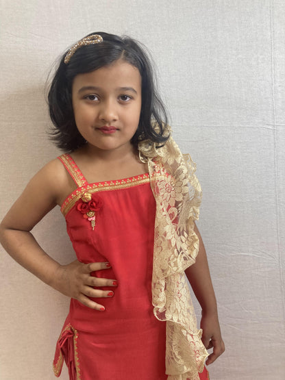 Red Viscose Organza Ethnic Set for Girls ( Set of 3)