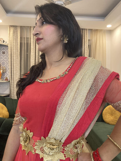 Red Viscose Organza Anarkali