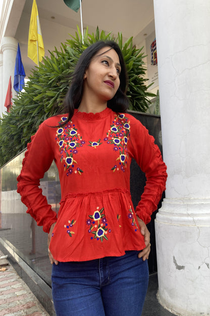 Red Embroidery Western Top