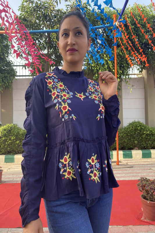 Blue Embroidery Western  Top