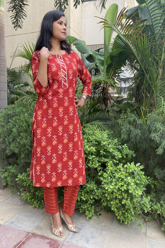 Red Printed pure cotton (set of 2) Suit Set