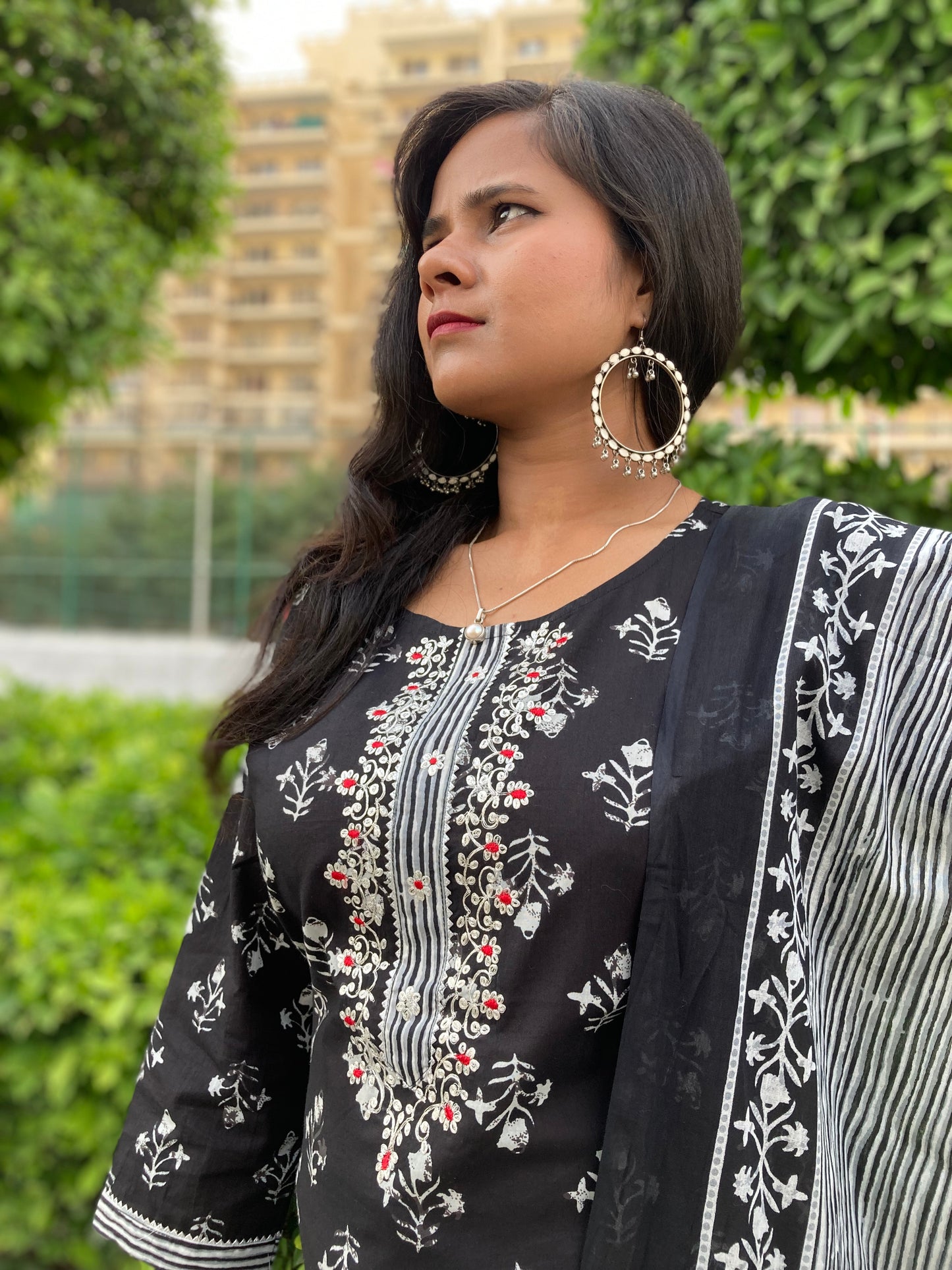 Black Embroidered Pure Cotton (Set of 3) Suit Set