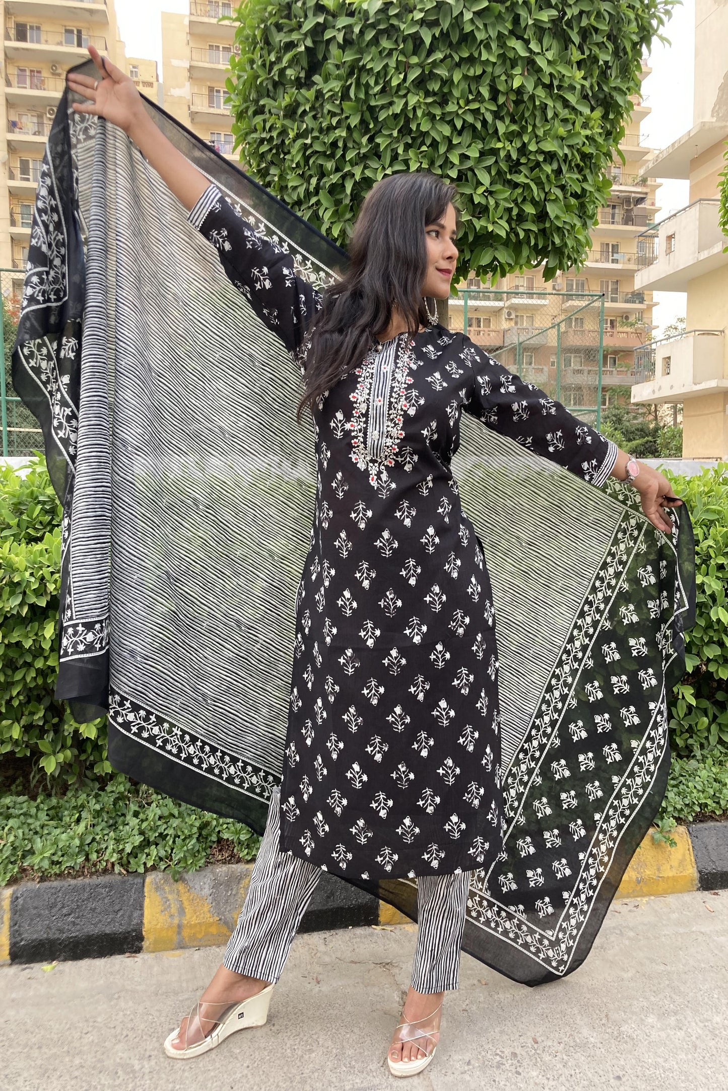 Black Embroidered Pure Cotton (Set of 3) Suit Set