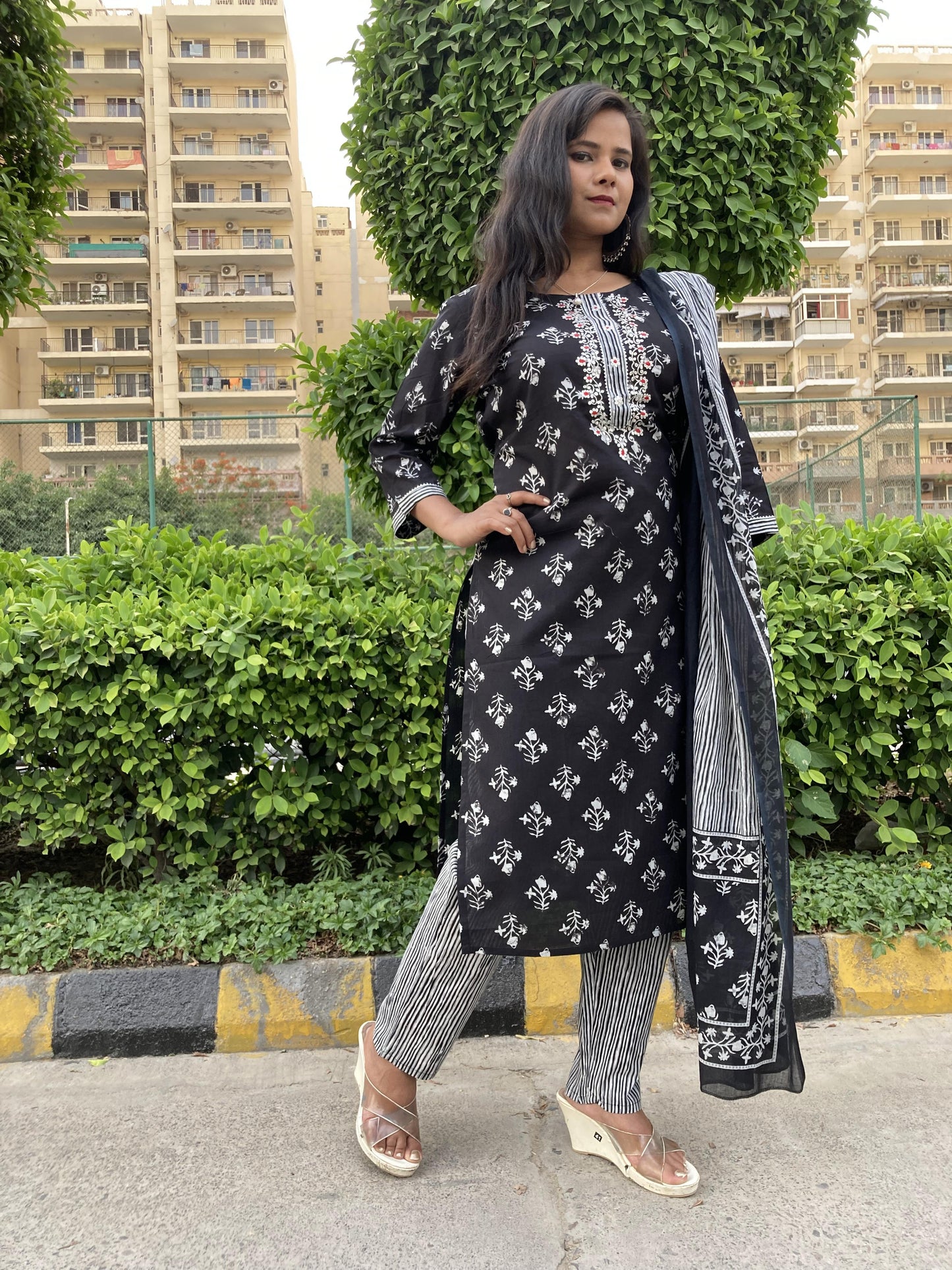 Black Embroidered Pure Cotton (Set of 3) Suit Set