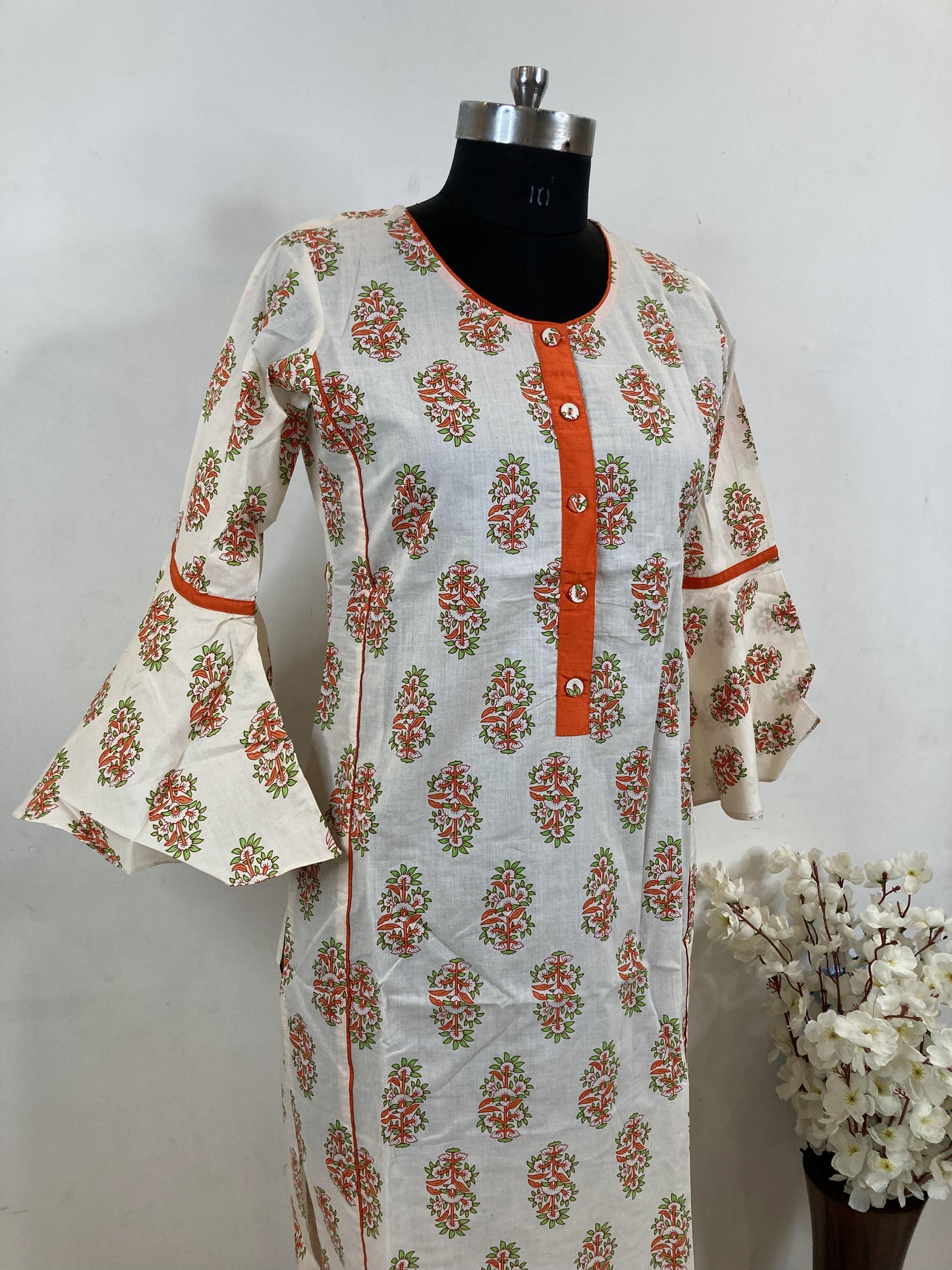 Cream Orange Printed Pure Cotton Office Wear Straight Kurti Set