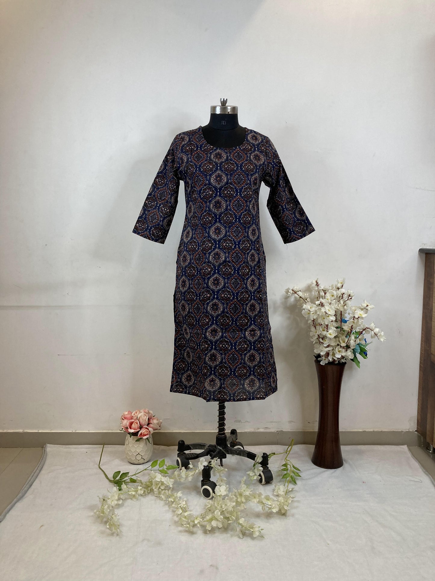 Navy Blue Printed Pure cotton office wear Straight Kurti Set