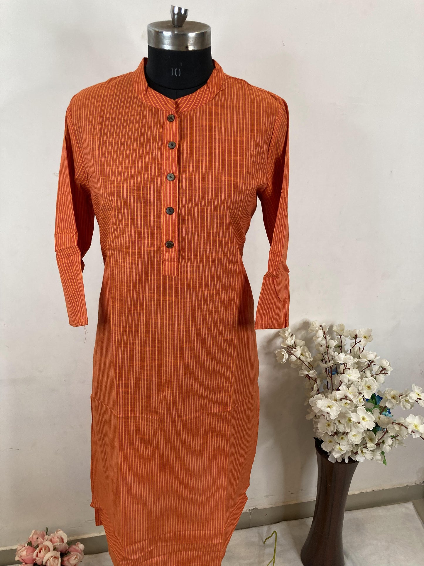 Orange pure cotton office wear straight Kurti Set