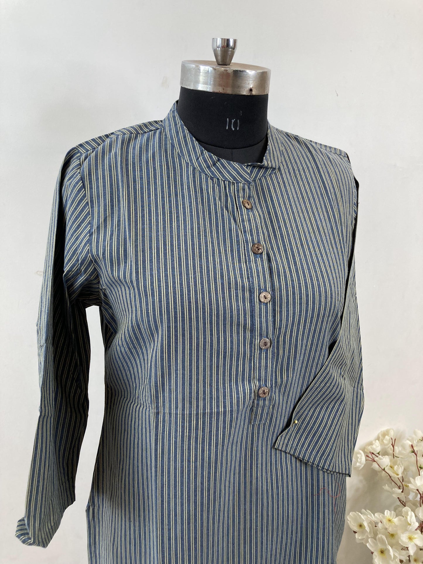 Grey Strips Pure Cotton office wear Straight Kurti Set