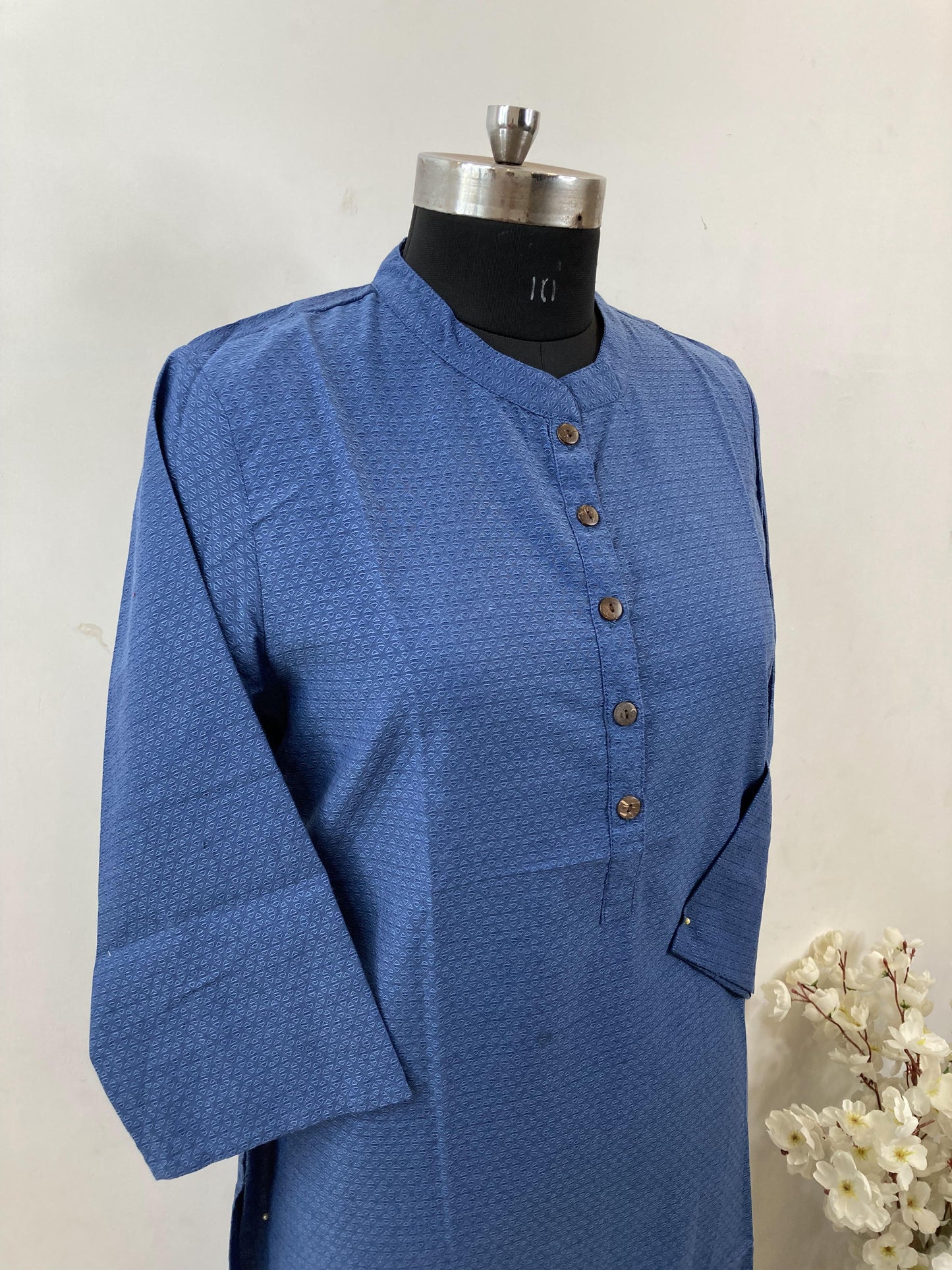 Denim Nehru Collar Pure Cotton Office Wear Straight Kurta Set