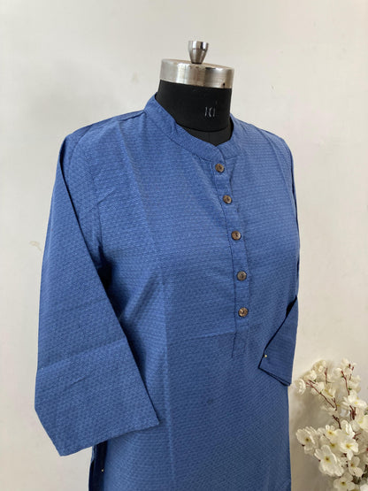 Denim Nehru Collar Pure Cotton Office Wear Straight Kurta Set