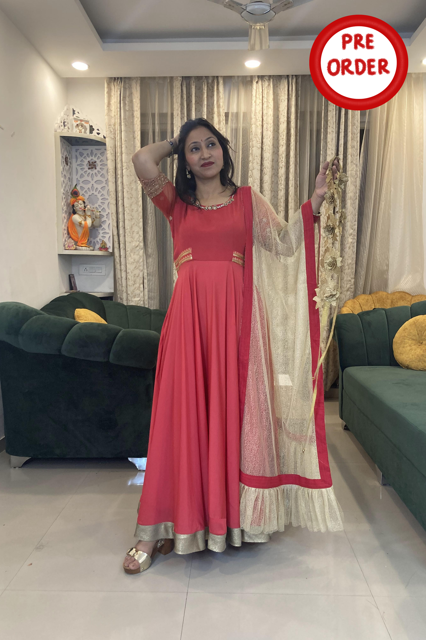Red Viscose Organza Anarkali set  (Set of 2)