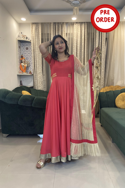 Red Viscose Organza Anarkali set  (Set of 2)