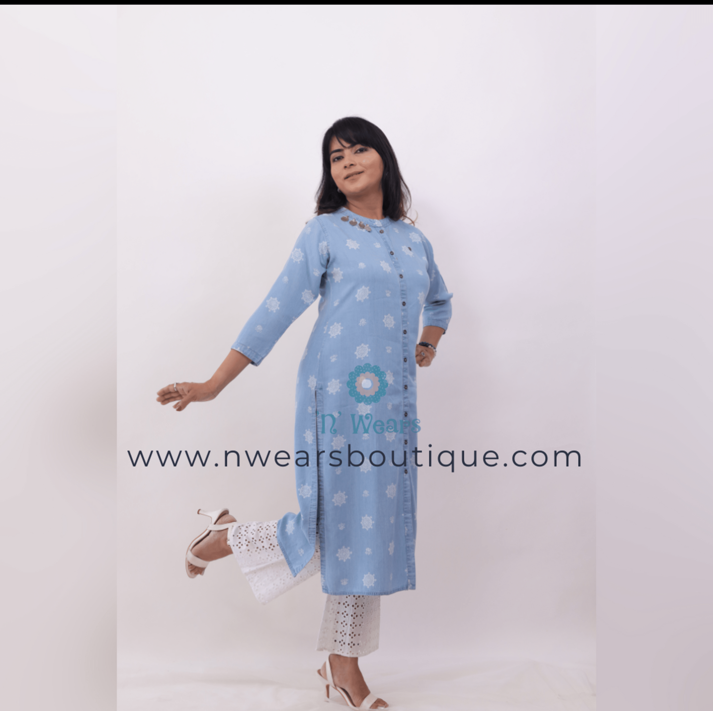 Denim Blue Printed straight kurta Set