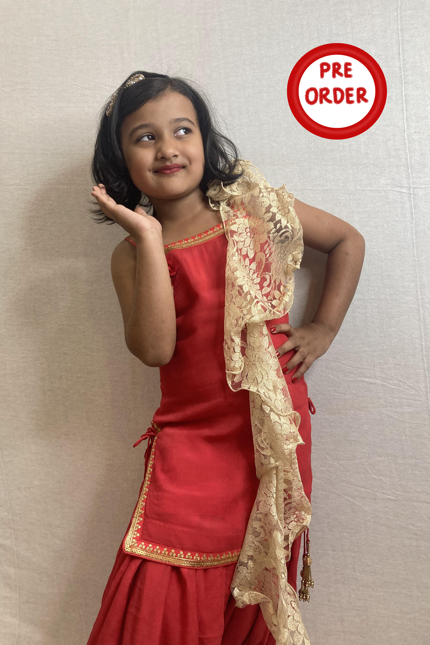 Red Viscose Organza Ethnic Set for Girls ( Set of 3)