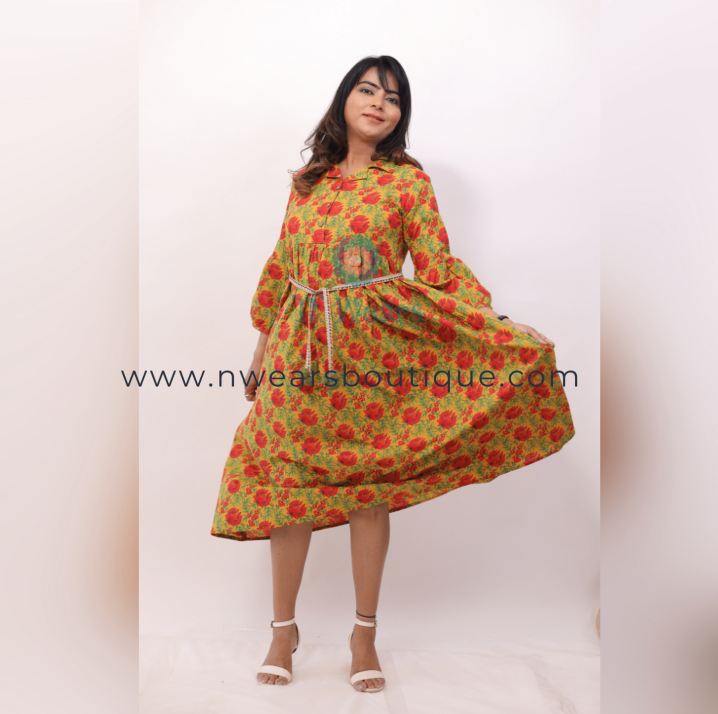 Mustard Yellow Cotton Printed Belted Middy Dress