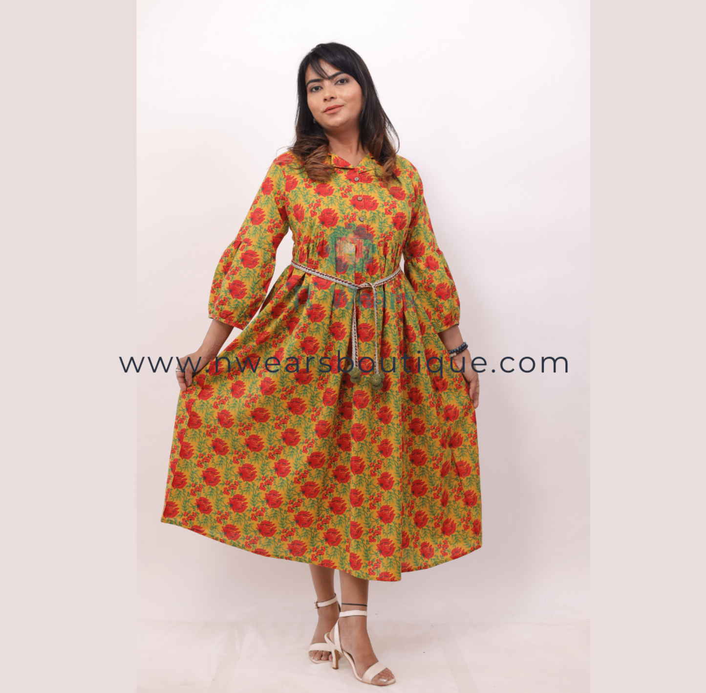 Mustard Yellow Cotton Printed Belted Middy Dress