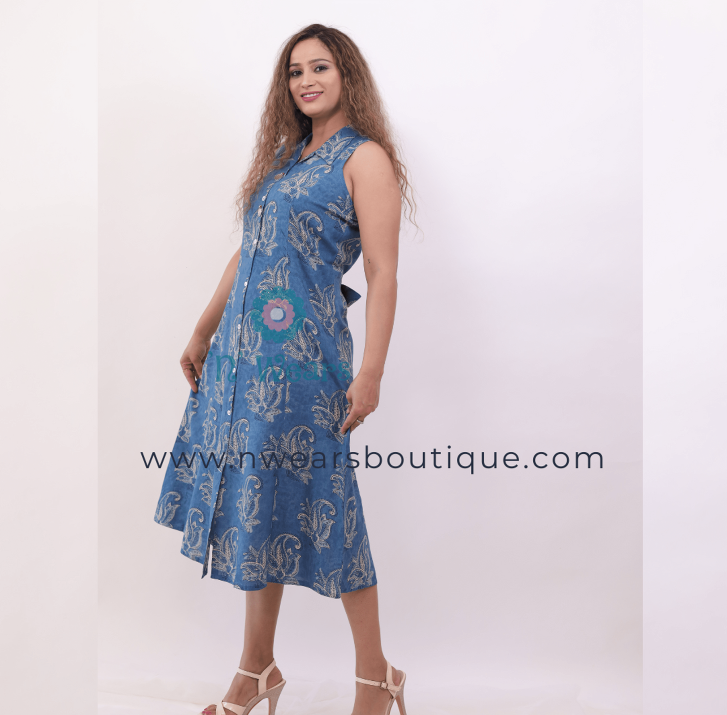 Indigo Blue Printed Cotton A-line dress