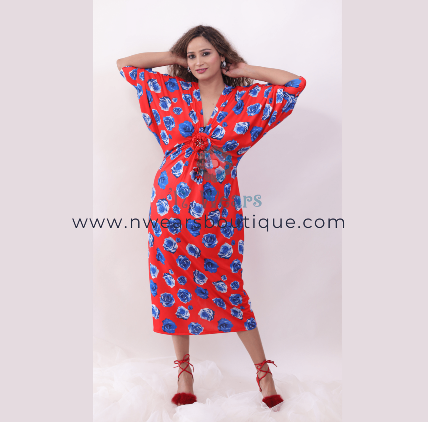 Red Printed Drape Middy Dress