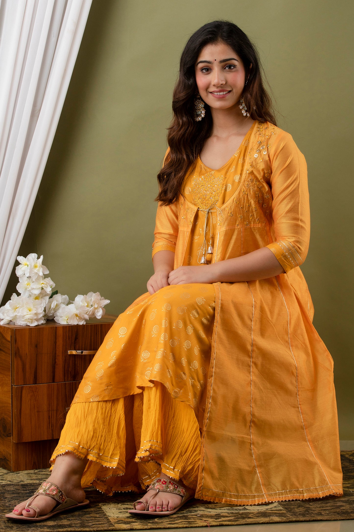 Yellow Embroidered A-Line Suit Set(Set of 3)