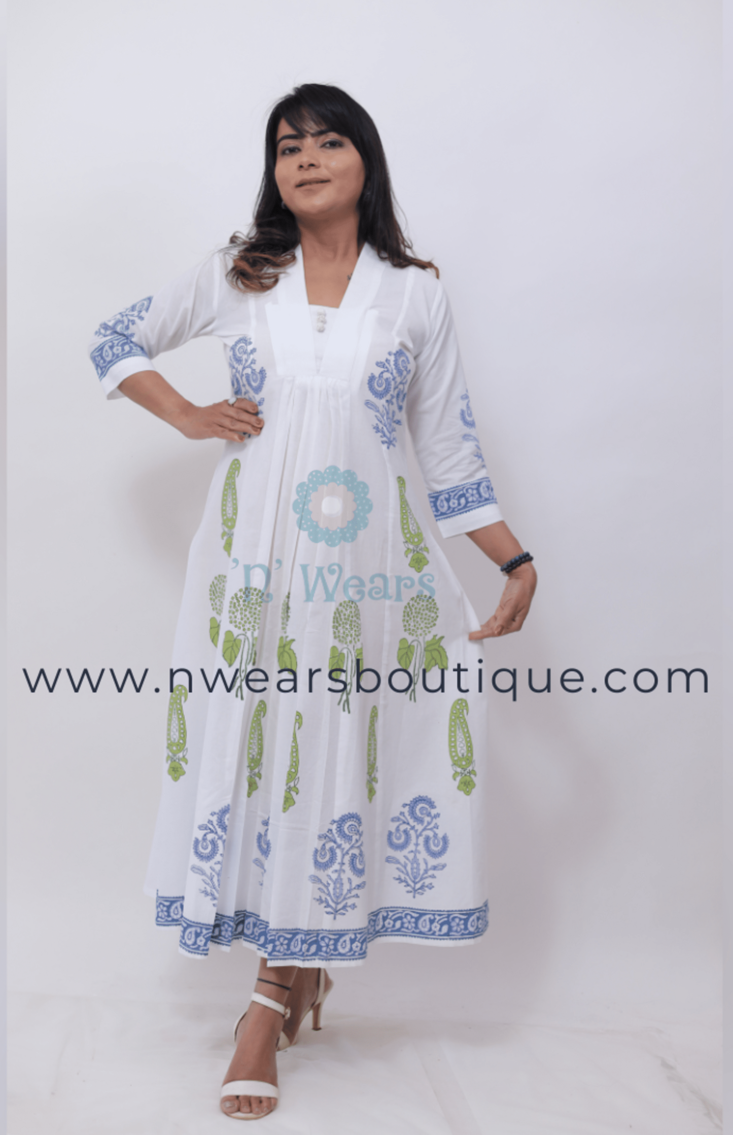 White Block printed kurta kalidaar Anarkali Dress