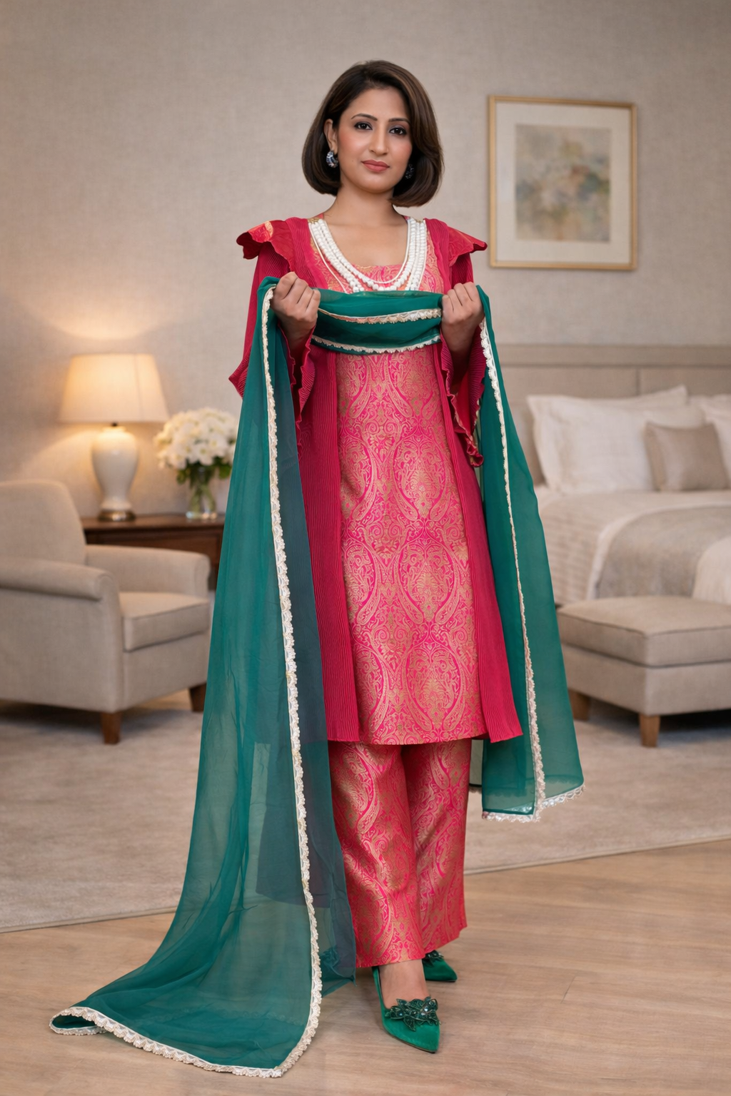 Pink Brocade Part Wear A-Line Suit Set (Set of 3)