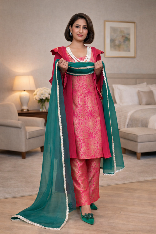 Pink Brocade Part Wear A-Line Suit Set (Set of 3)