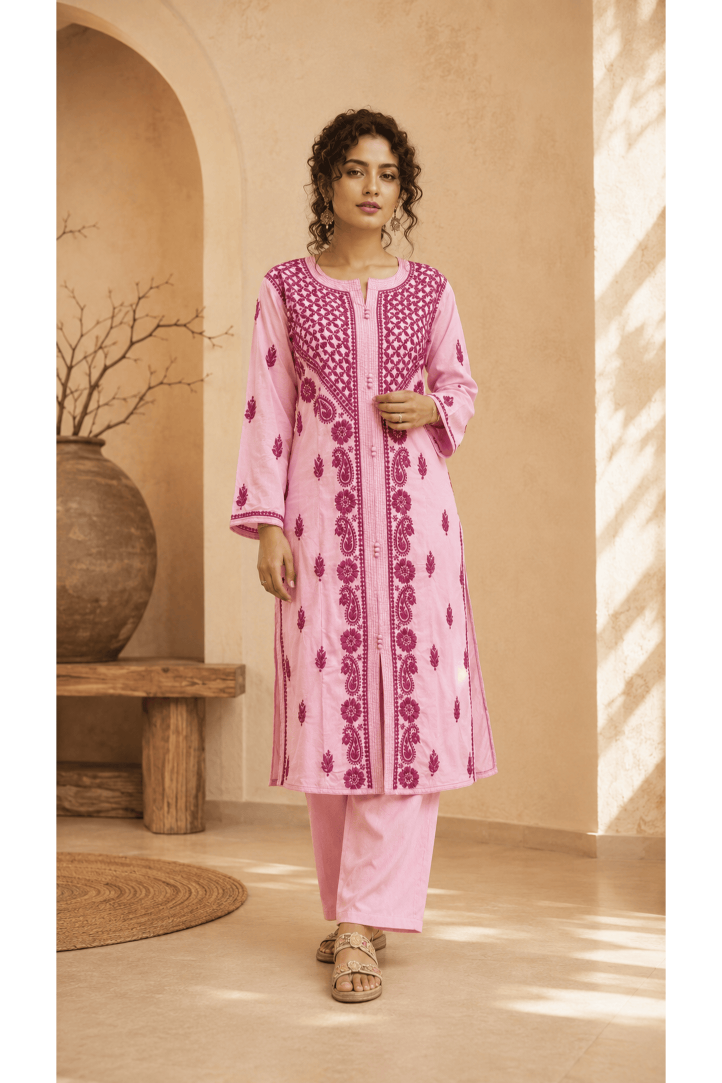 Baby Pink Parsi Work Straight Kurta