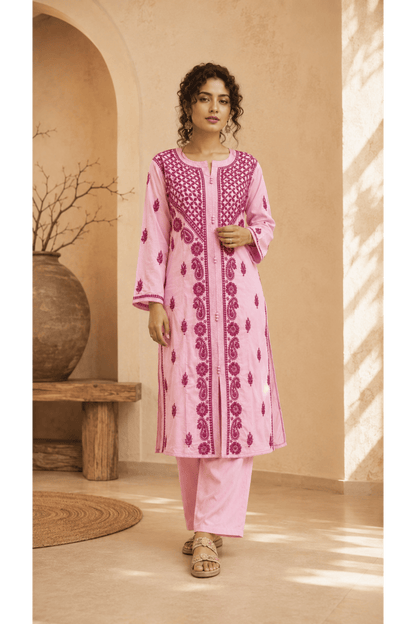 Baby Pink Parsi Work Straight Kurta
