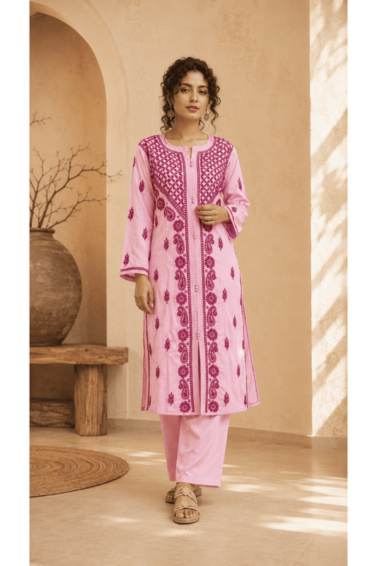 Baby Pink Parsi Work Straight Kurti