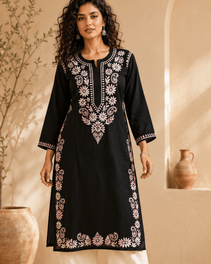 Black Parsi  Embroidered Straight Kurti