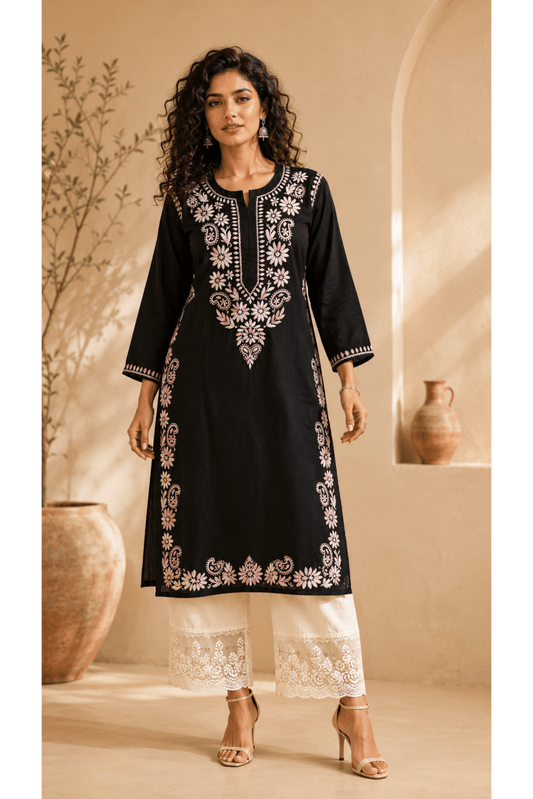 Black Embroidered Straight Kurti