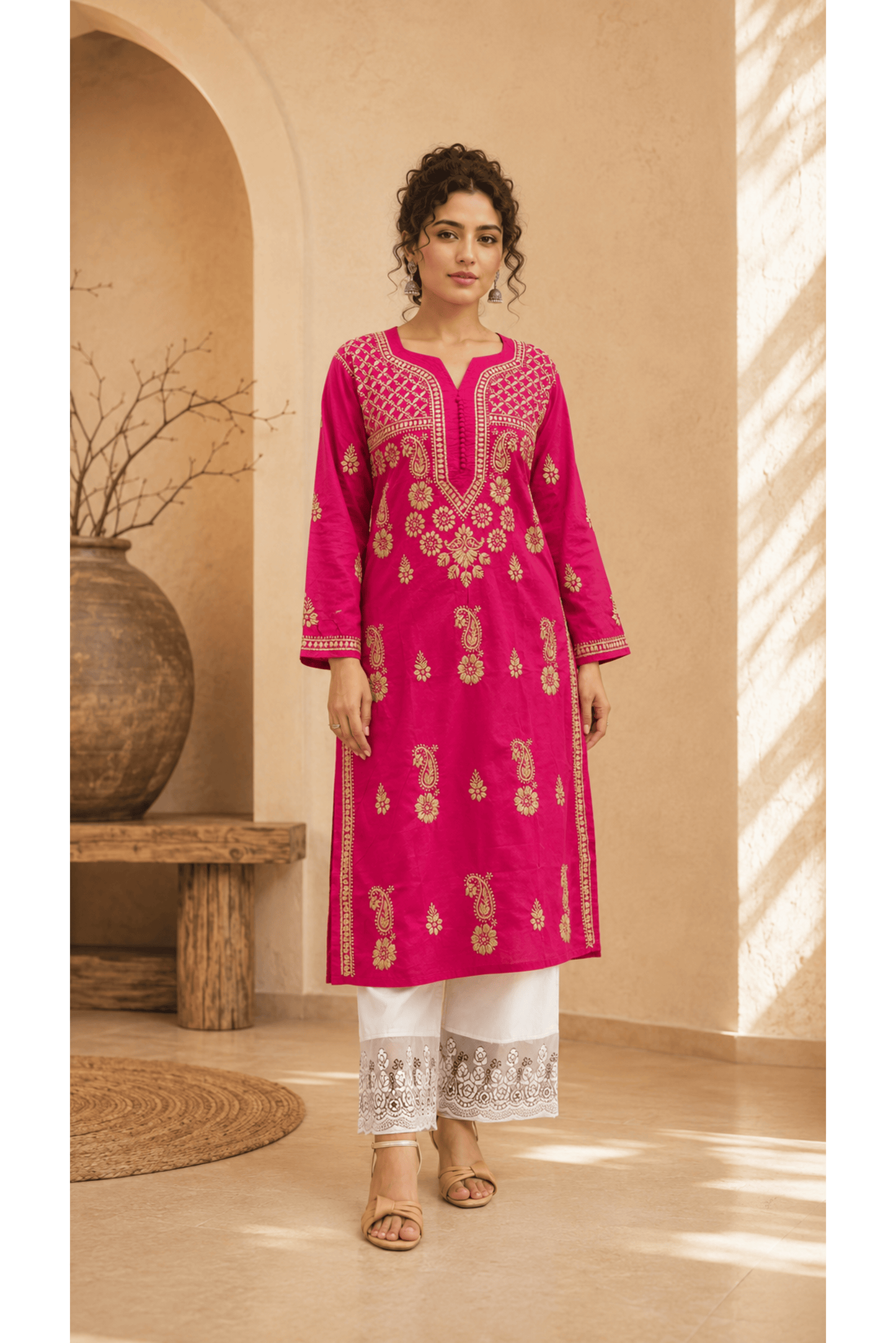 Magenta Parsi Work Straight Kurti