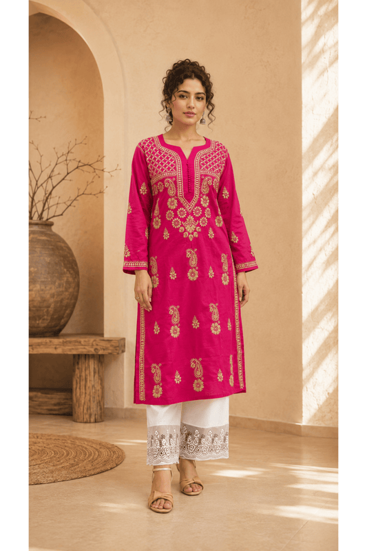 Magenta Parsi Work Straight Kurti
