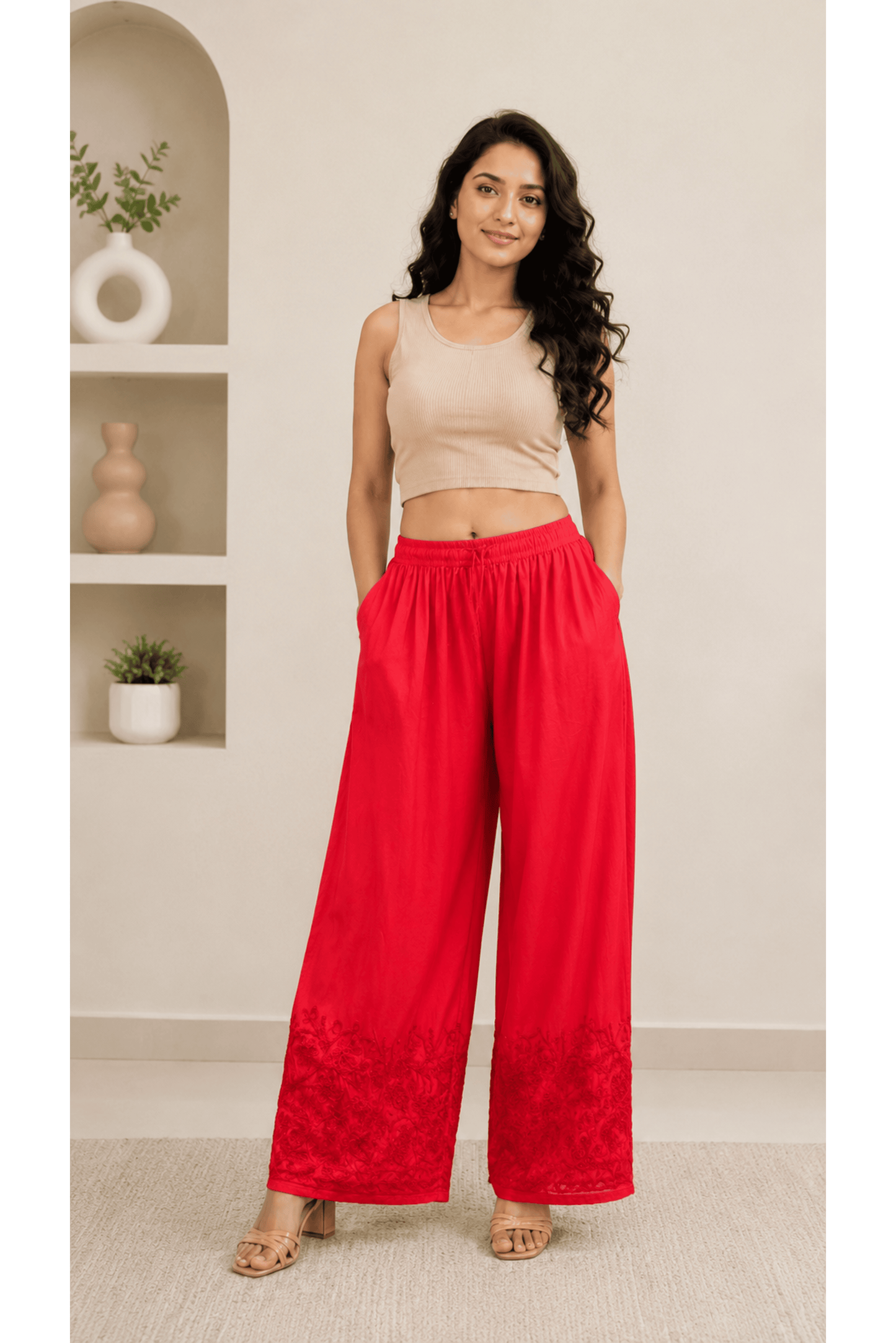 Red Rayon Cotton Kashmiri Embroidered Plazo