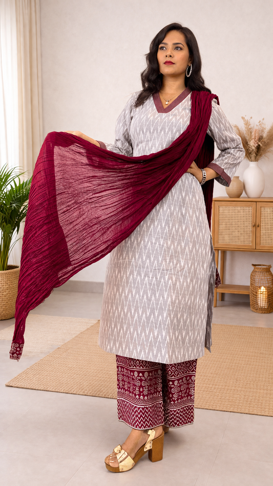 Grey Pure Cotton (Set Of 3) Suit Set