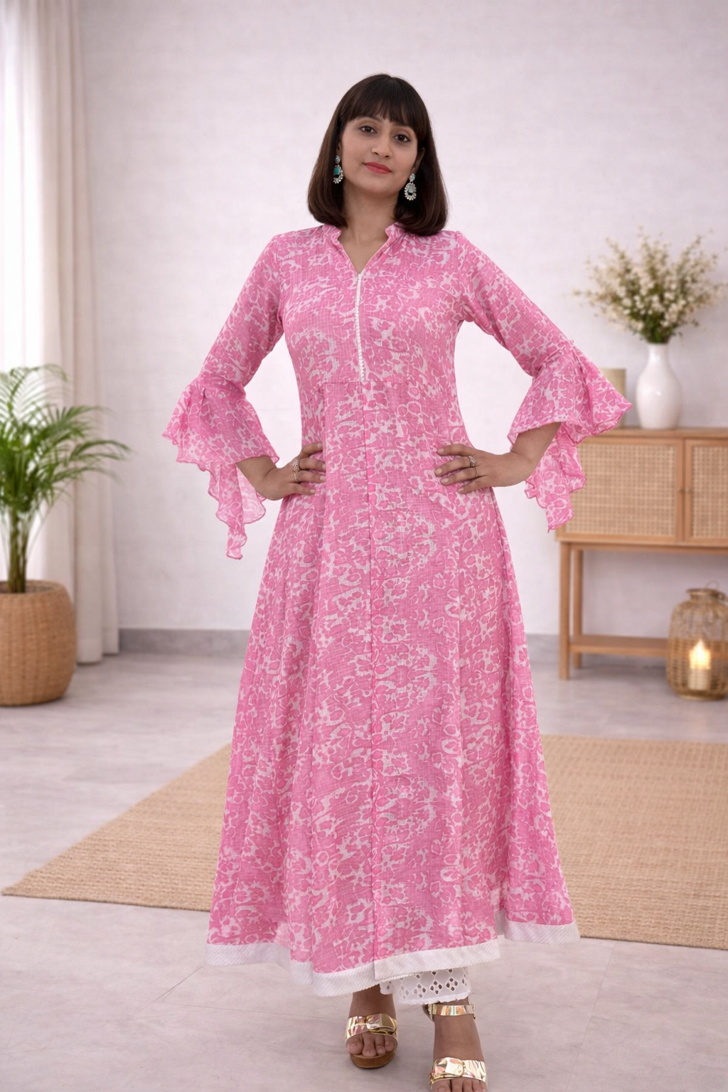 Kalidaar Pink Indowestern Style Kurti Set
