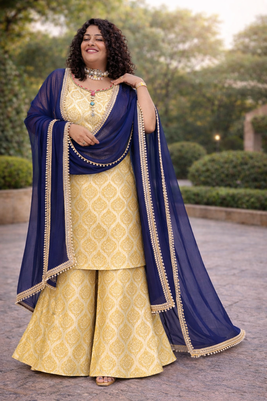 Golden-Blue Brocade Sharara Suit Set