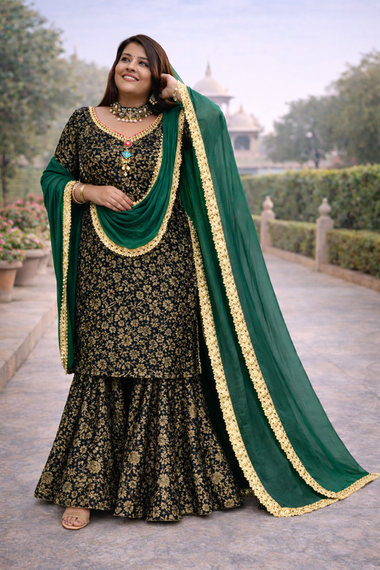 Black-Green Brocade Sharara Suit Set