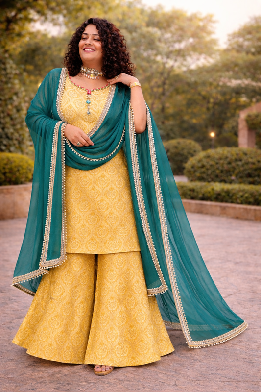 Golden-Green Brocade Sharara Suit Set