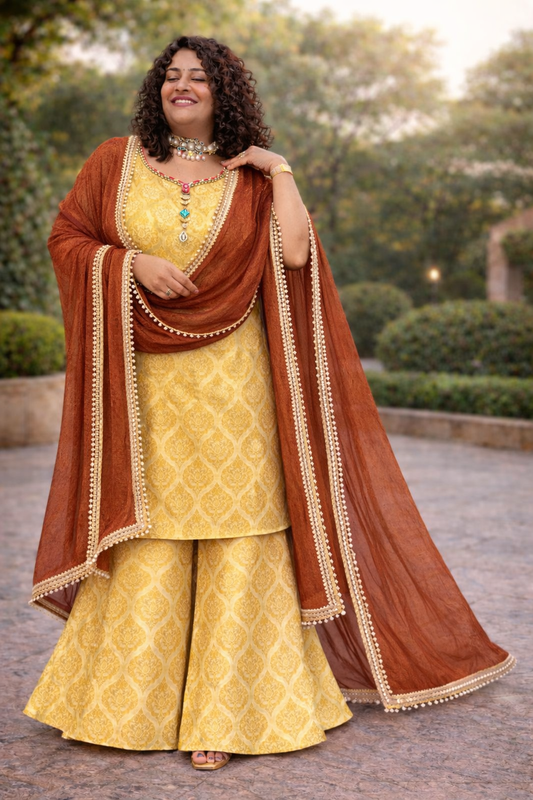 Golden-Rust Brocade Sharara Suit Set