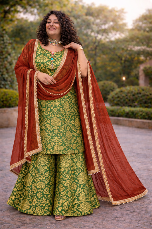 Green-Rust Brocade Sharara Suit Set