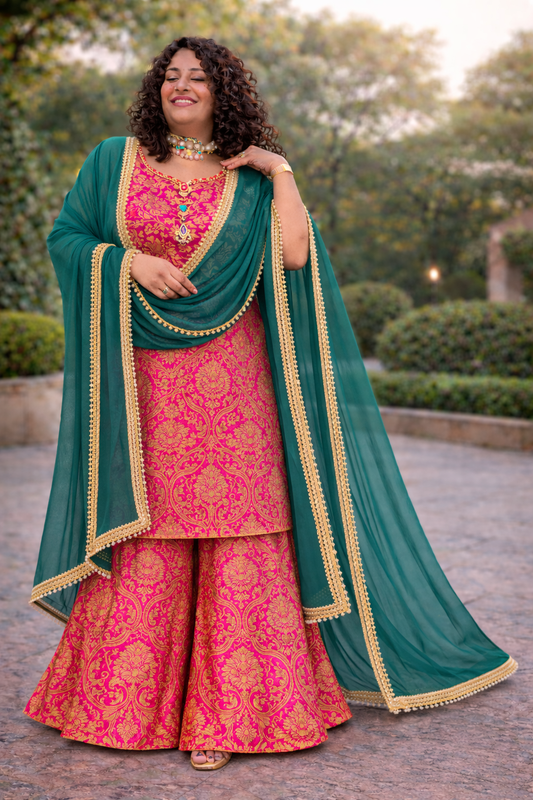Pink-Green Brocade Sharara Suit Set