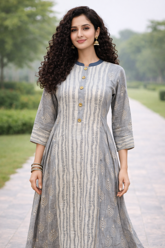 Grey Side Pleated Anarkali Dress