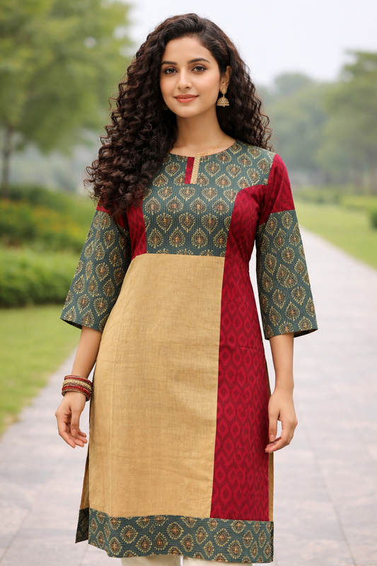 Green Maroon printed pure cotton office wear straight Kurti Set