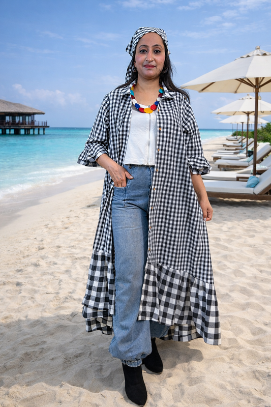 Monocromatic Black & white checks cotton  long shirt